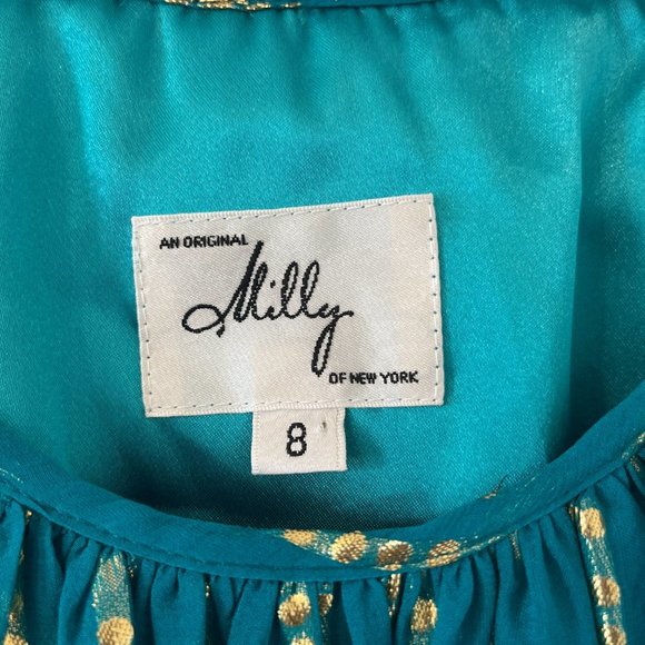 Milly of New York Dress Silk Green Metallic Gold Stripes Polka Dots Size 8 - Picture 3 of 10